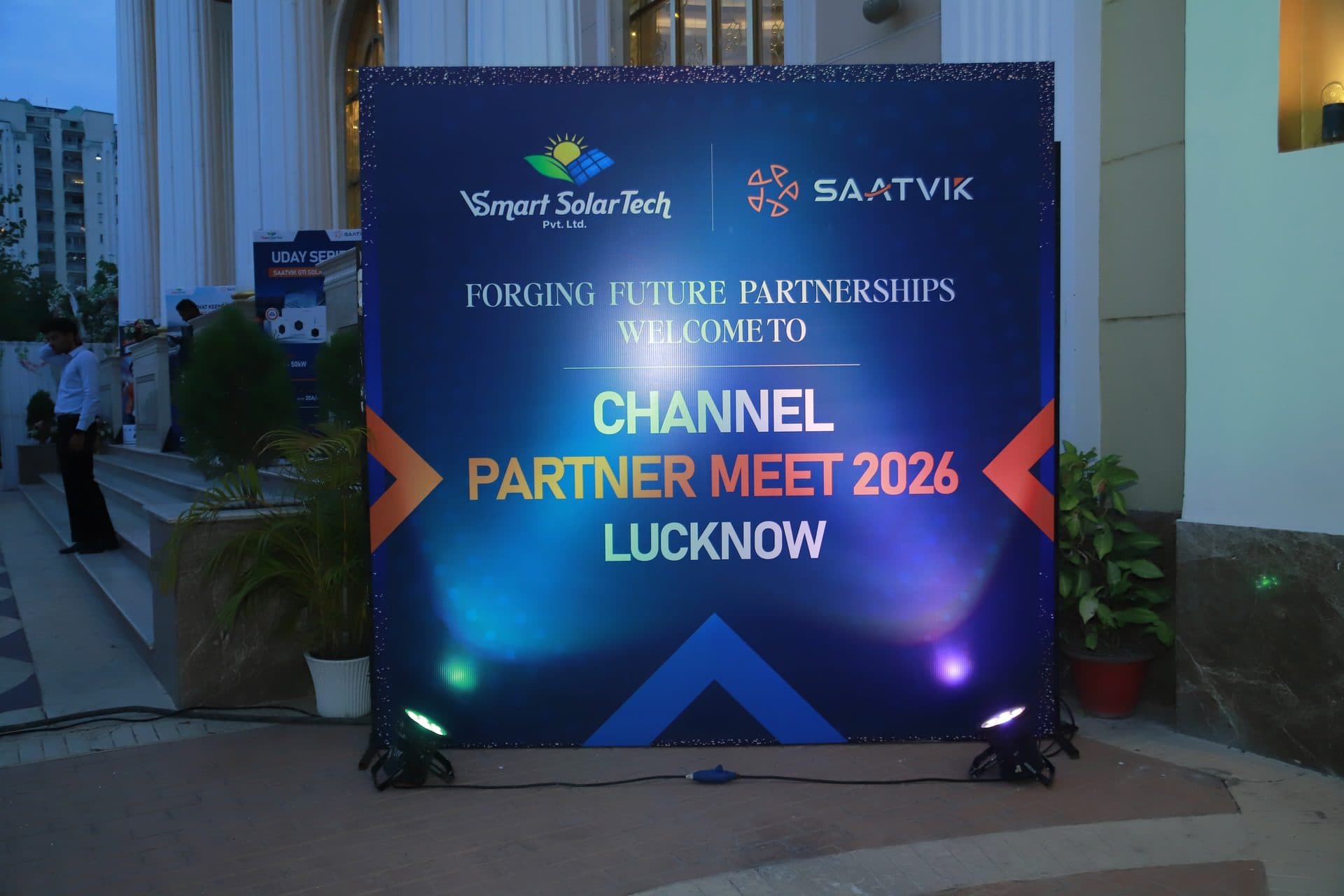 Saatvik Solar and VSmart SolarTech Channel Partner Meet 2026 entrance backdrop