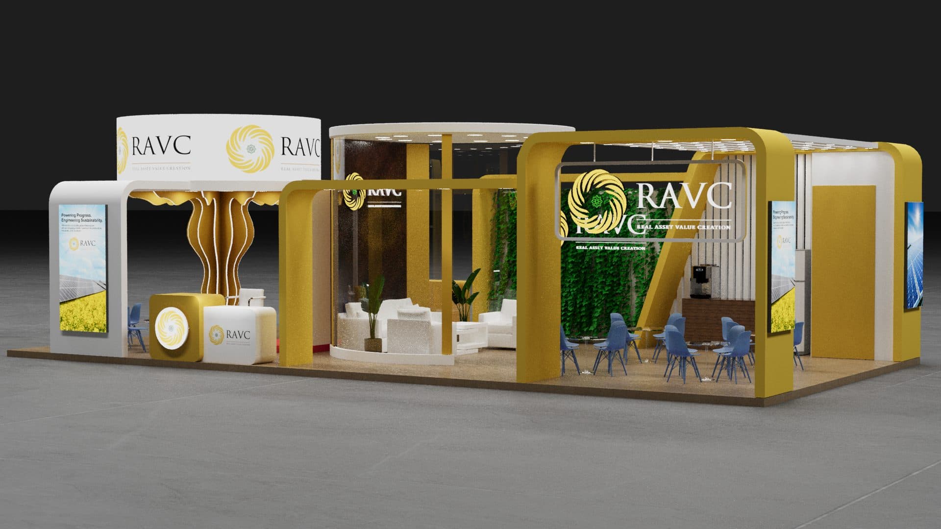 RAVC exhibition stall 3D design render, gold curved facade